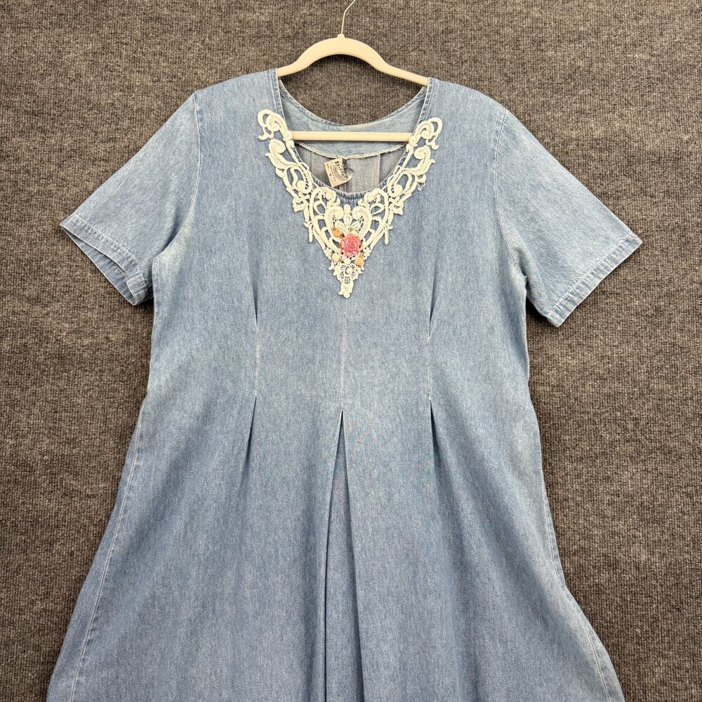 Vintage Chambray Denim Maxi Dress Womens M Cottagecore Lace Trim Modest USA Made - Picture 2 of 13